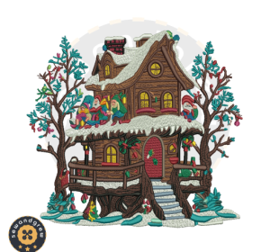 Winter Tree House Embroidery Design